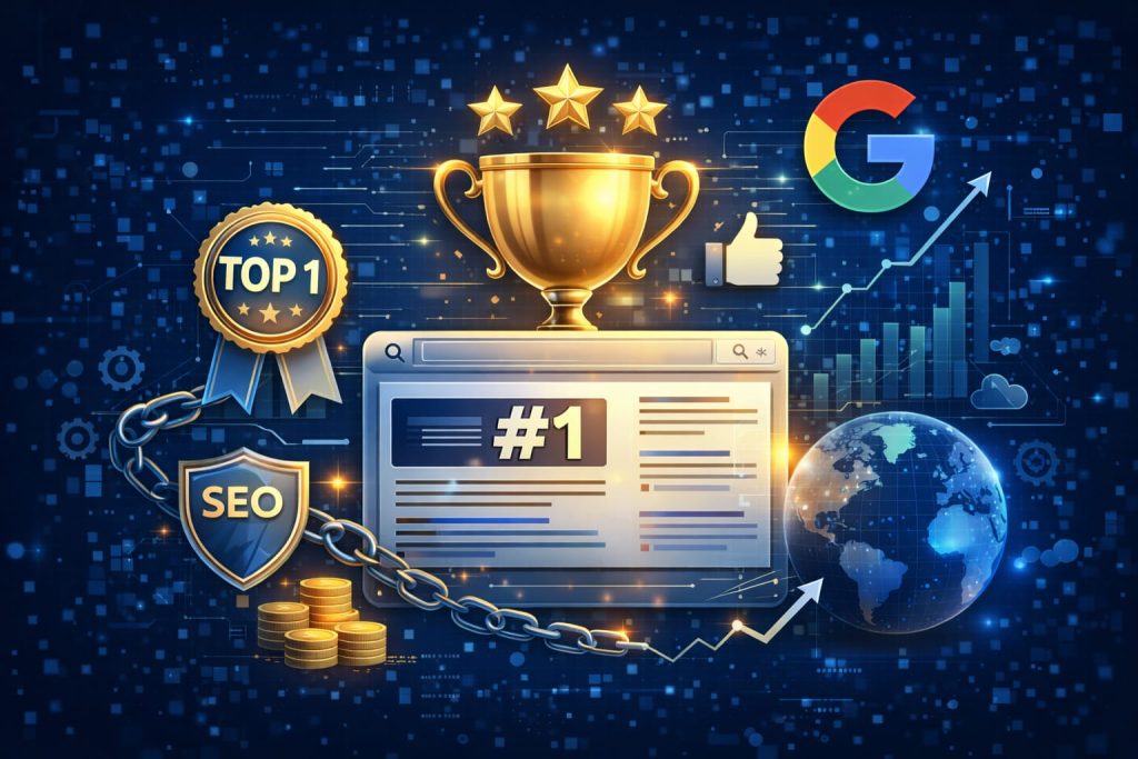 Illustration SEO montrant un site en position numéro 1 sur Google avec trophée, autorité et croissance du trafic