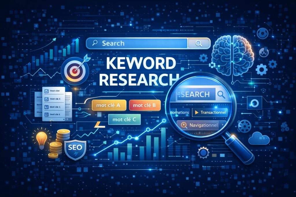 Illustration recherche de mots-clés SEO avec analyse d’intention, données de trafic et stratégie de contenu