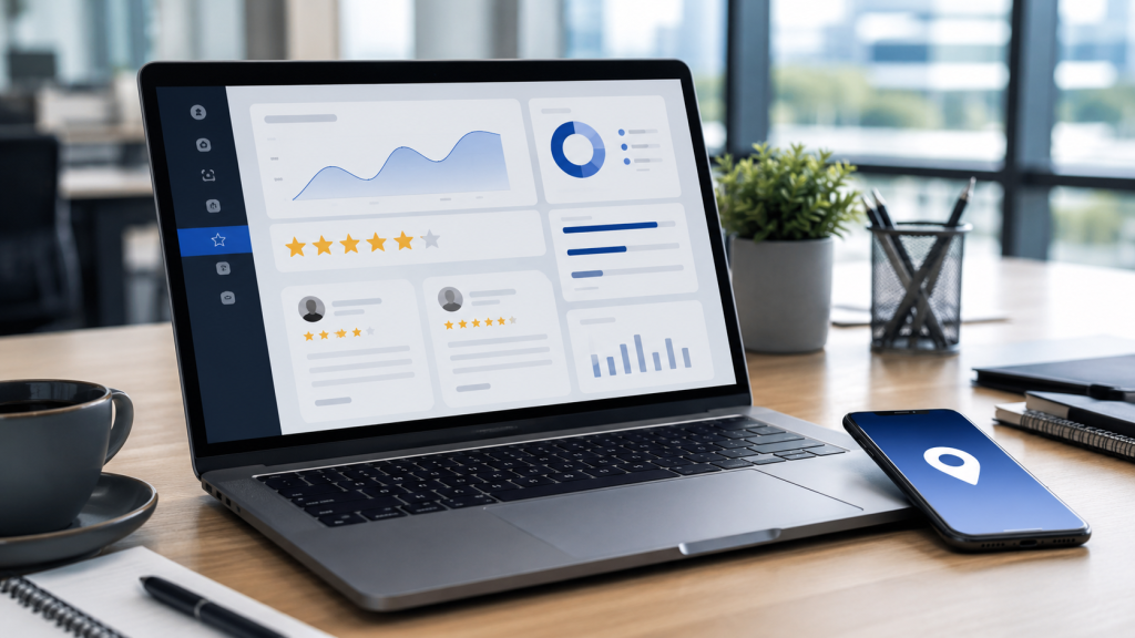 Tableau de bord des avis Google Business Profile sur un ordinateur portable