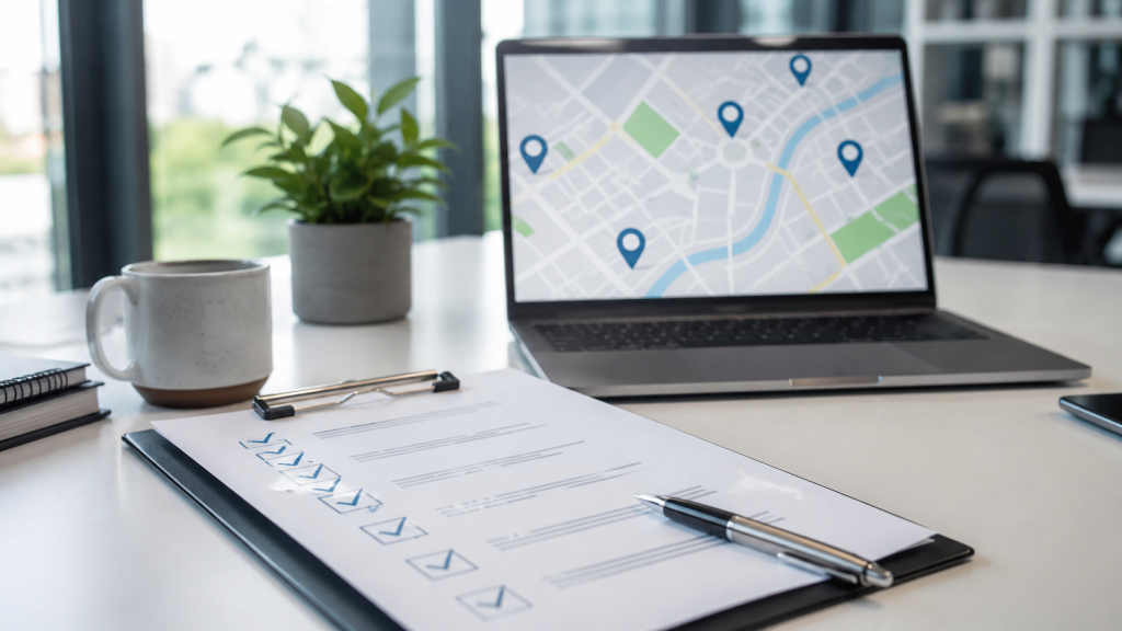 Checklist de cohérence des citations locales NAP avec carte de localisation en arrière-plan