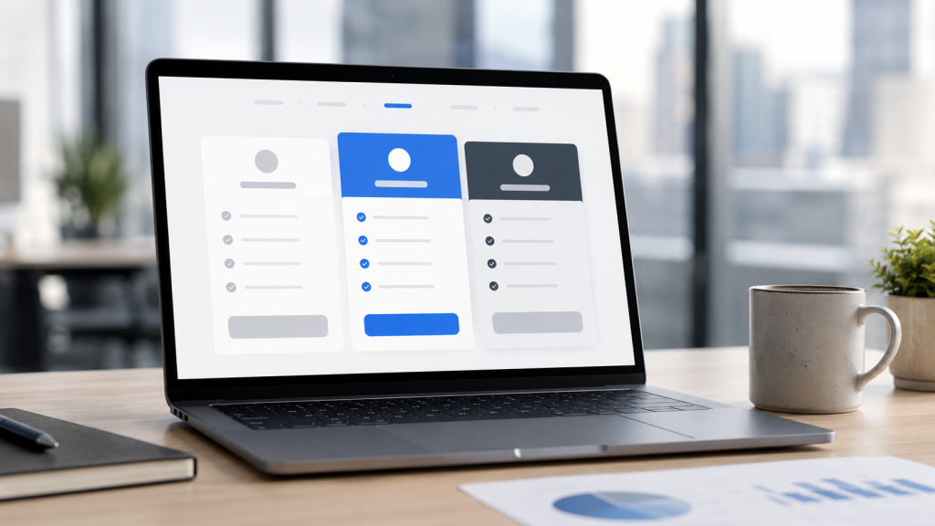 Grille tarifaire B2B à trois niveaux affichée sur un ordinateur portable